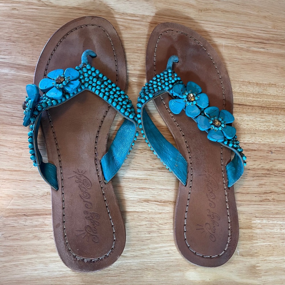Naughty Monkey Womens Turquoise Beaded Flower Flat Thong Sandals Size 10 Boho